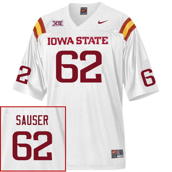 Men #62 Dodge Sauser Iowa State Cyclones College Football Jerseys Sale-White - Click Image to Close